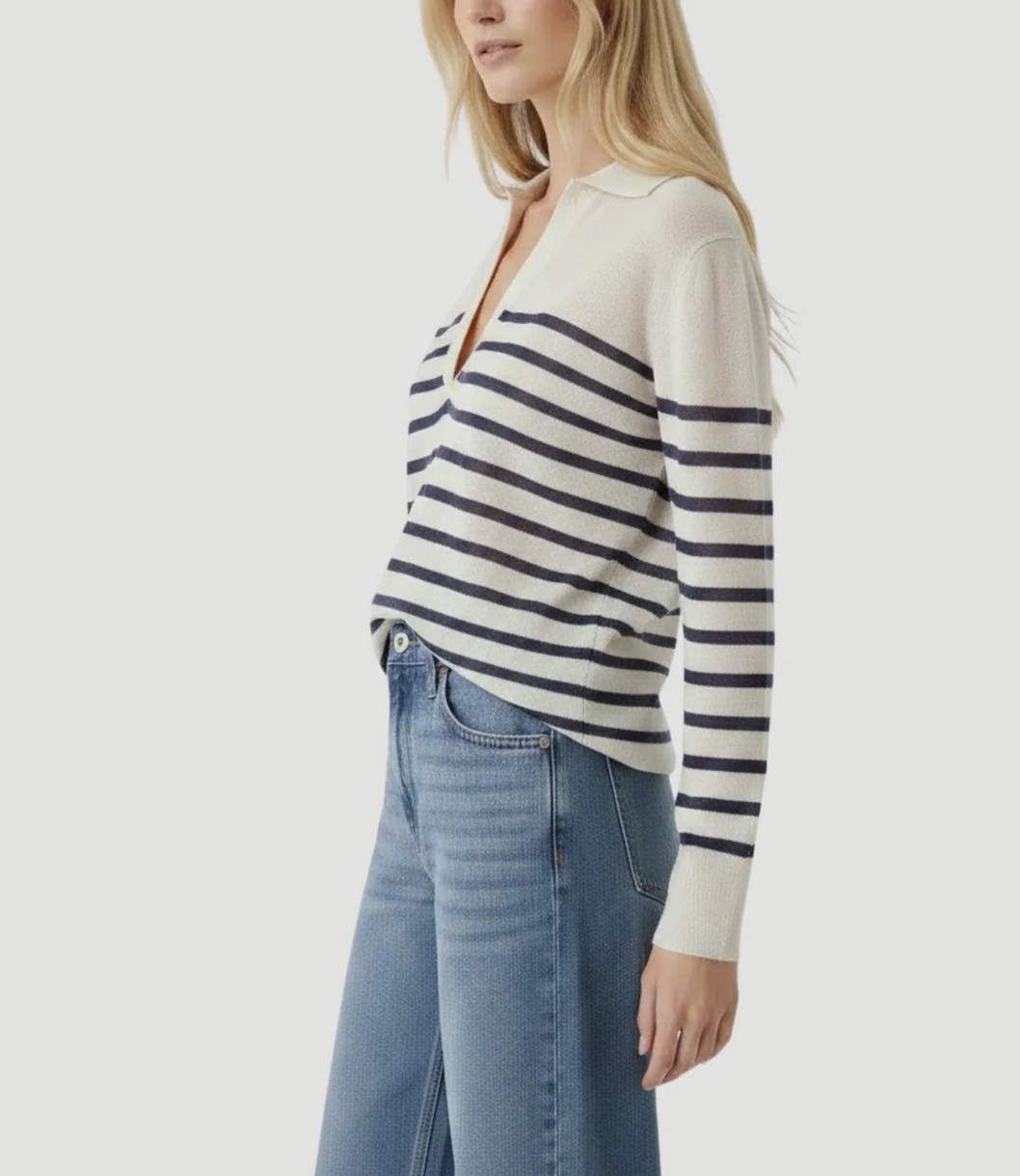 Strech Linen Stripe Polo-Tops-Majestic Filatures-Blue Moon Stripe-1-Mercantile Portland