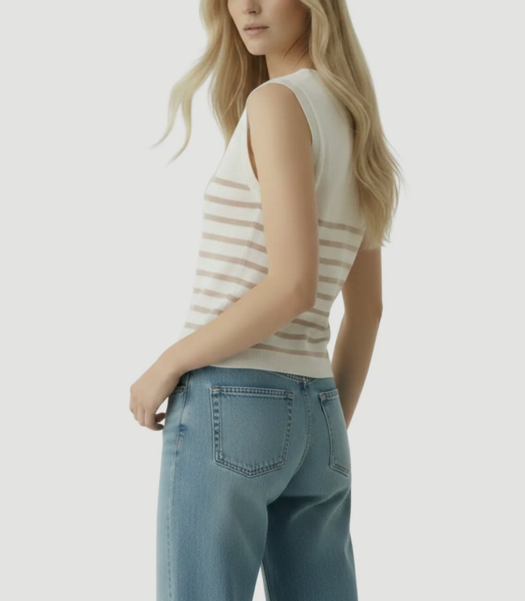 Stretch Linen Cap Sleeve V-Neck-Tops-Majestic Filatures-Desert Stripe-1-Mercantile Portland