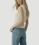 Stretch Linen Cap Sleeve V-Neck-Tops-Majestic Filatures-Desert Stripe-1-Mercantile Portland