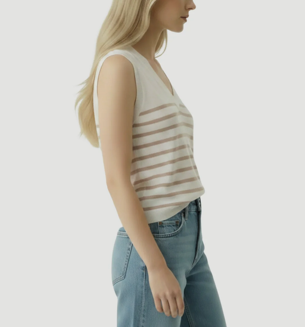 Stretch Linen Cap Sleeve V-Neck-Tops-Majestic Filatures-Desert Stripe-1-Mercantile Portland