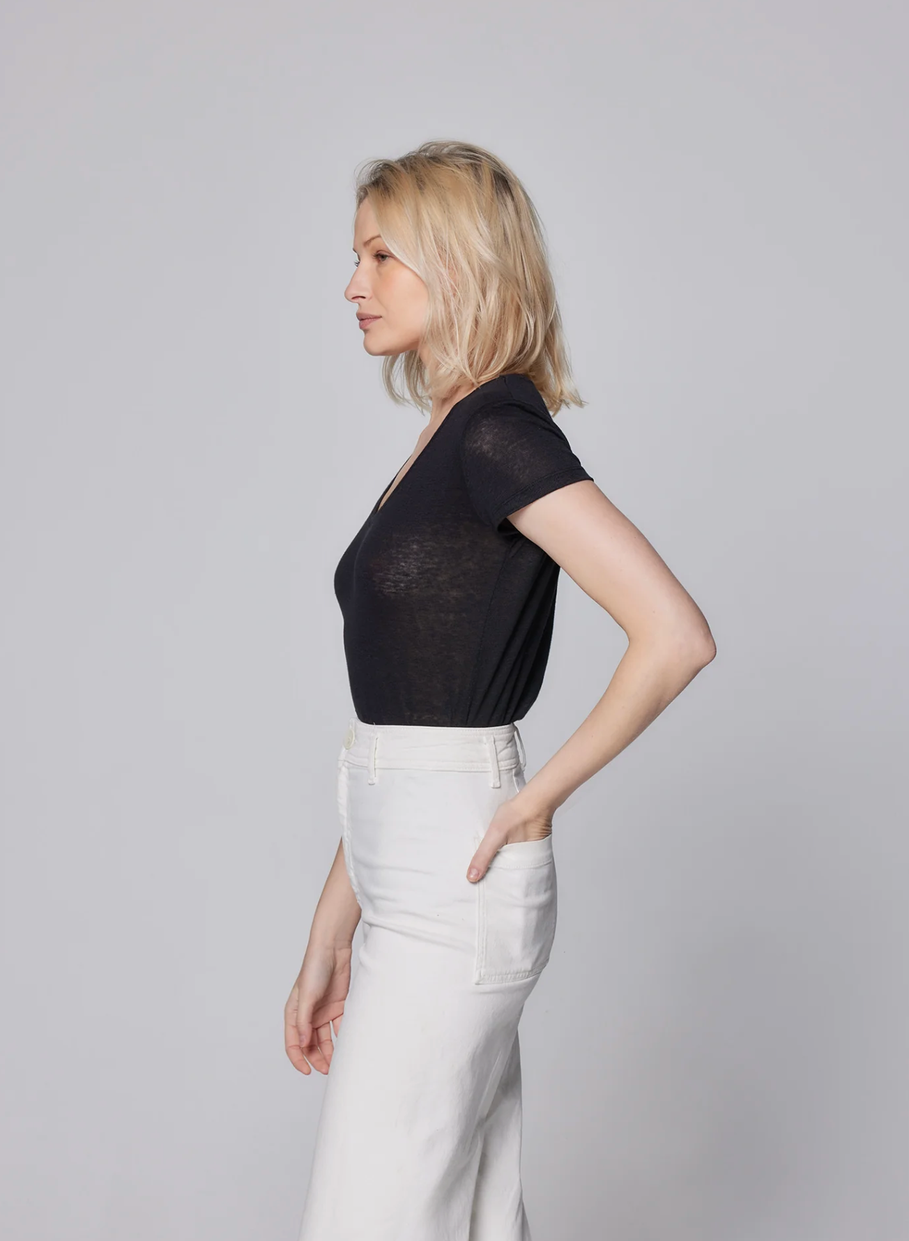 Stretch Linen Short Sleeve V-Neck Tee-Clothing-Majestic Filatures-Black-1-Mercantile Portland