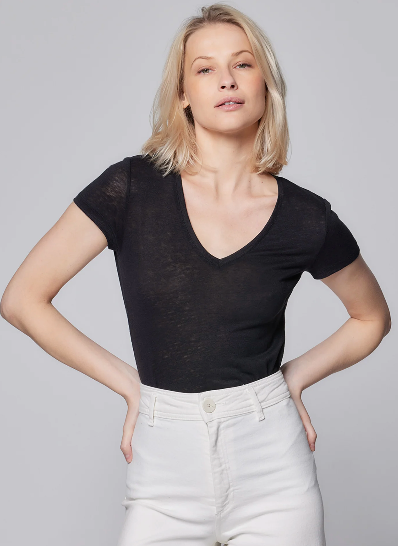 Stretch Linen Short Sleeve V-Neck Tee-Clothing-Majestic Filatures-Black-1-Mercantile Portland