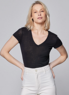 Stretch Linen Short Sleeve V-Neck Tee-Clothing-Majestic Filatures-Black-1-Mercantile Portland