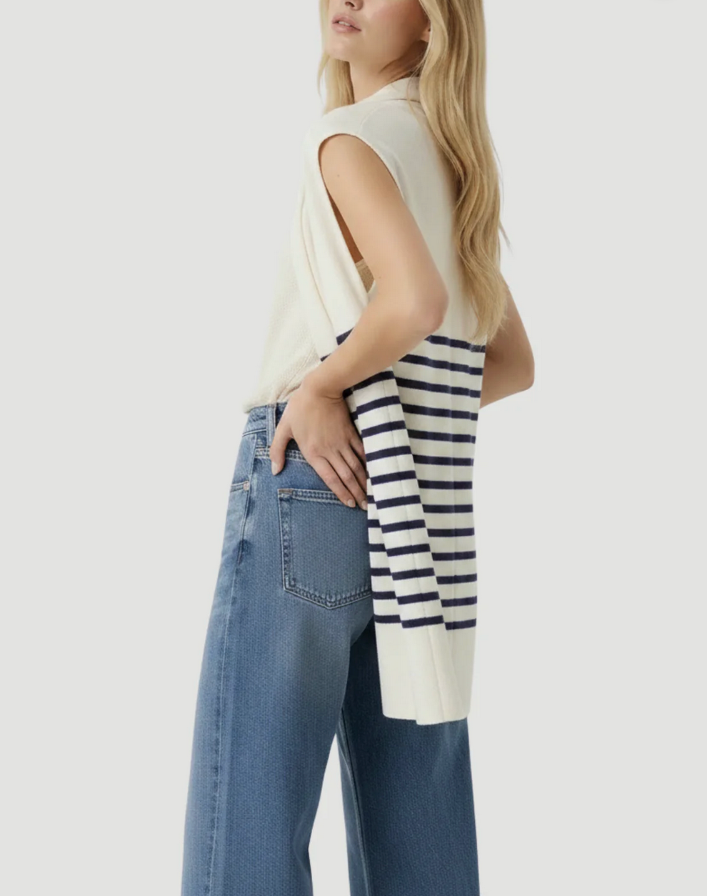Stretch Linen Stripe Sleeveless Cardigan-Sweaters-Majestic Filatures-Blue Moon Stripe-OS-Mercantile Portland