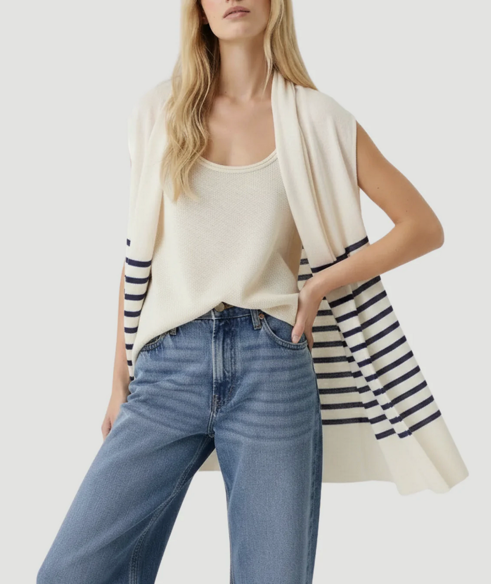 Stretch Linen Stripe Sleeveless Cardigan-Sweaters-Majestic Filatures-Blue Moon Stripe-OS-Mercantile Portland