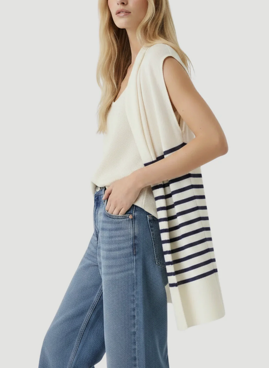 Stretch Linen Stripe Sleeveless Cardigan-Sweaters-Majestic Filatures-Blue Moon Stripe-OS-Mercantile Portland