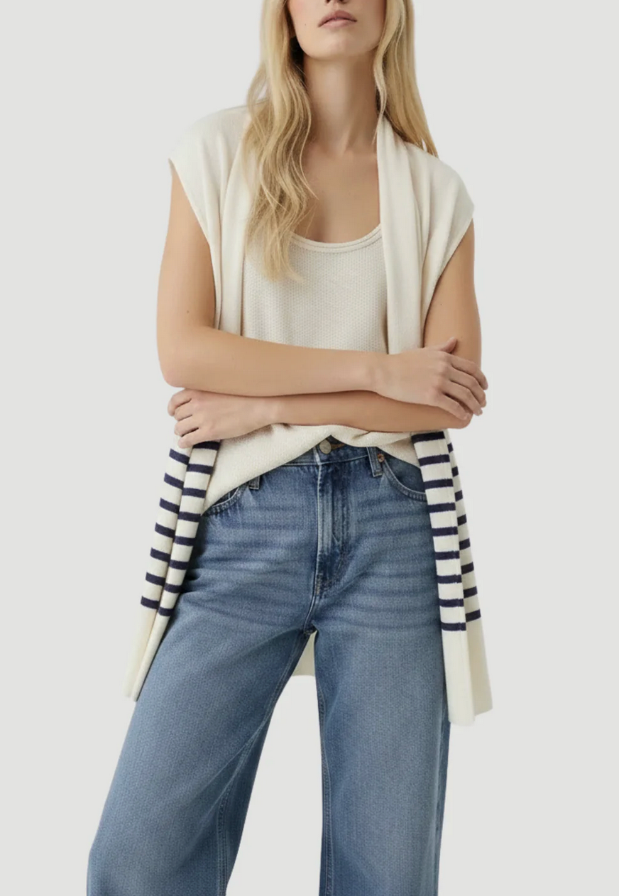Stretch Linen Stripe Sleeveless Cardigan-Sweaters-Majestic Filatures-Blue Moon Stripe-OS-Mercantile Portland