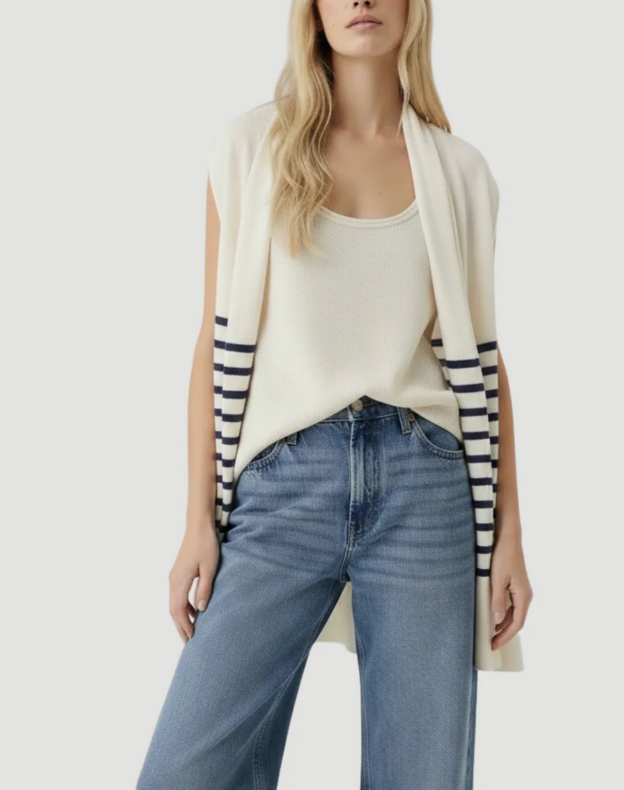 Stretch Linen Stripe Sleeveless Cardigan-Sweaters-Majestic Filatures-Blue Moon Stripe-OS-Mercantile Portland