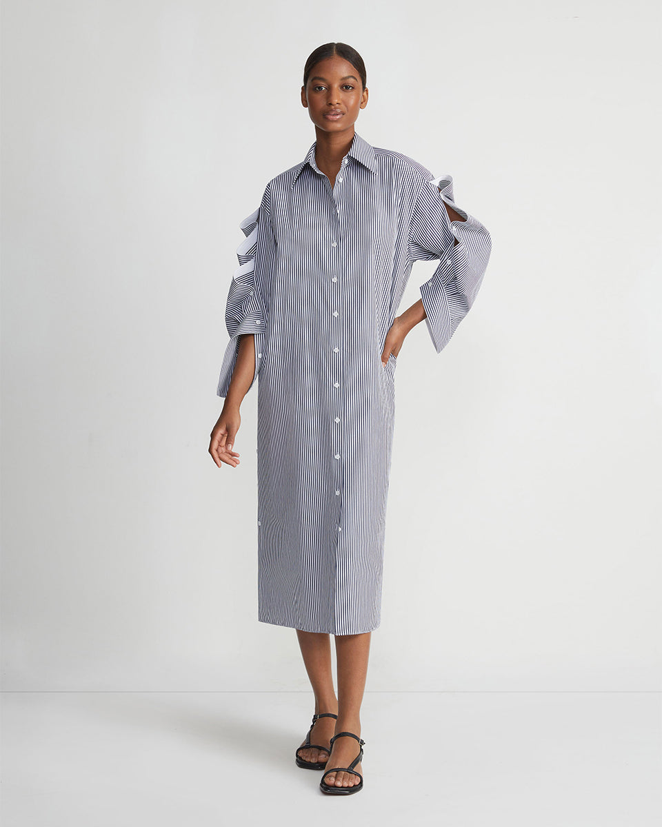 Stripe Cotton Poplin Button Sleeve Oversized Shirtdress-Dresses-Lafayette 148-Midnight Blue Multi-XS-Mercantile Portland
