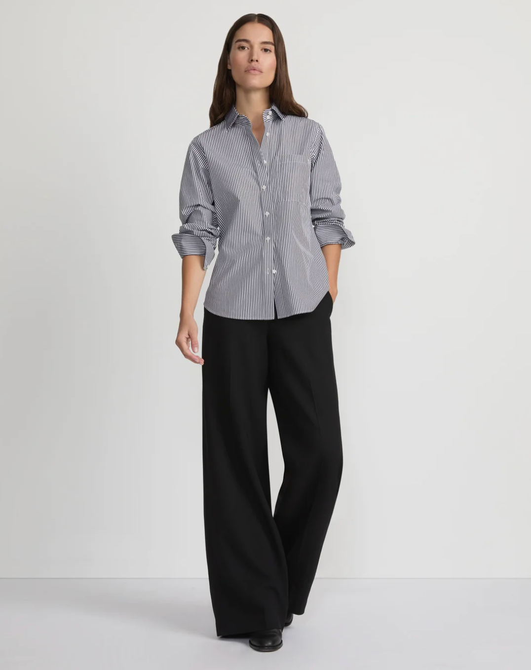 Stripe High Collar Poplin Shirt-Clothing-Lafayette 148-Black Multi-XS-Mercantile Portland