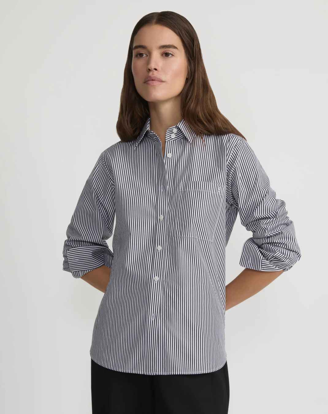 Stripe High Collar Poplin Shirt-Clothing-Lafayette 148-Black Multi-XS-Mercantile Portland