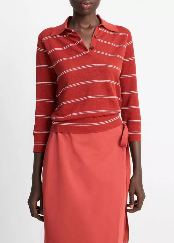 Striped Italian Cotton Piqué Polo Shirt-Clothing-Vince-Brick Rose/Off White-XXS-Mercantile Portland
