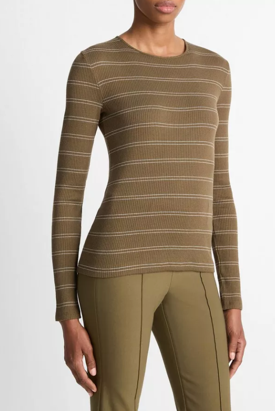 Striped Ribbed Long Sleeve T-Shirt-T-Shirts-Vince-Cypress Combo-XXS-Mercantile Portland