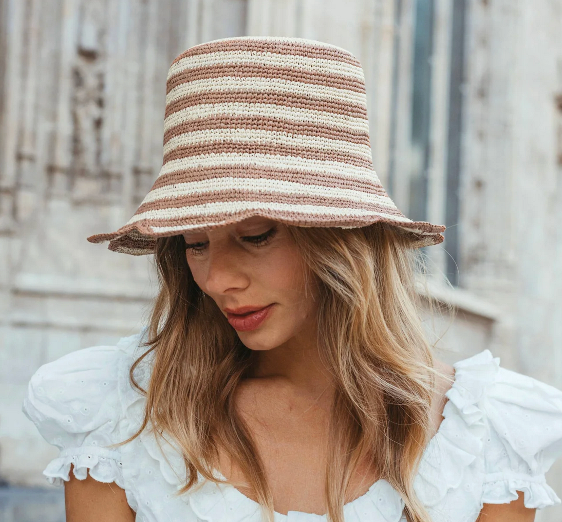 Striped Scallop Crochet Bucket Hat-Hats-Freya-Natural-S/M-Mercantile Portland
