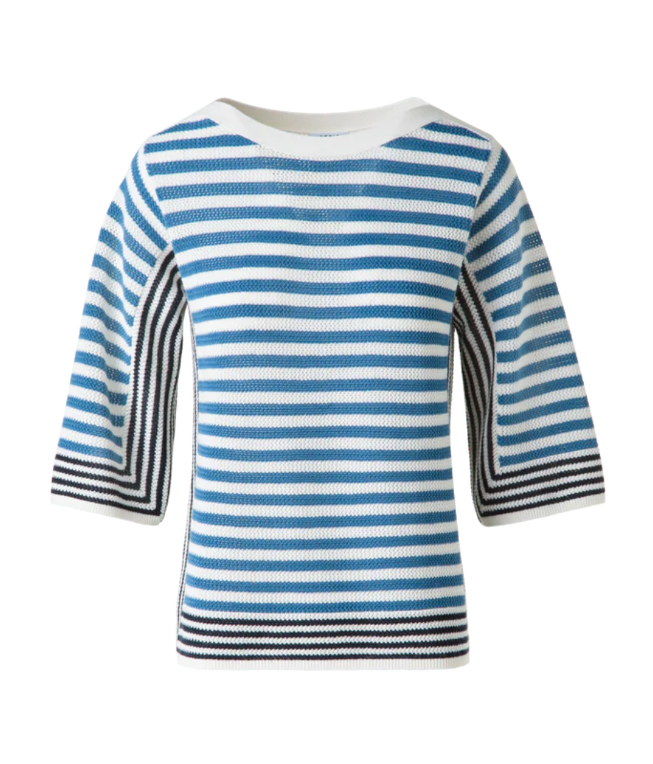 Striped Volume Sleeve Sweater in Merino Wool-Tops-Akris Punto-Cream Medium Blue Ink-0-Mercantile Portland