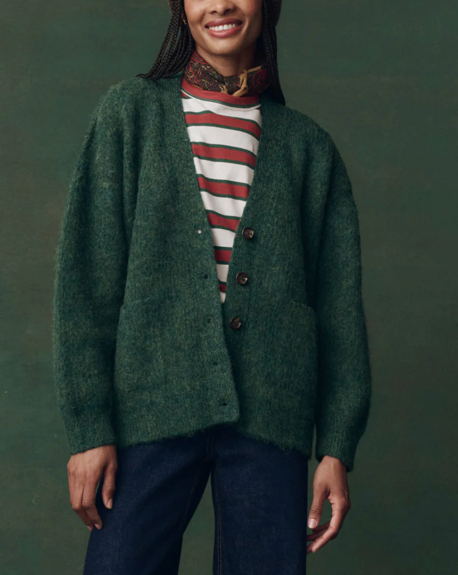 The Brushed Melange Cardigan-Sweaters-The GREAT.-Meadow Green-1-Mercantile Portland
