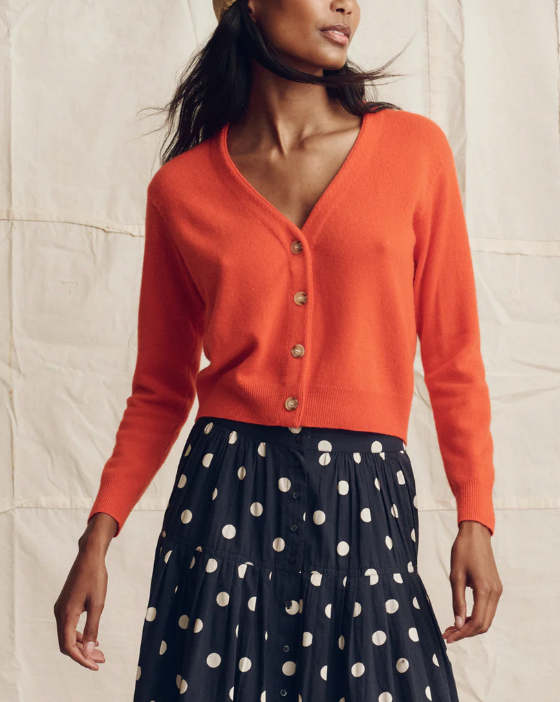 The Cashmere Tiny V-Neck Cardigan-Sweaters-The GREAT.-Hot Orange-0-Mercantile Portland