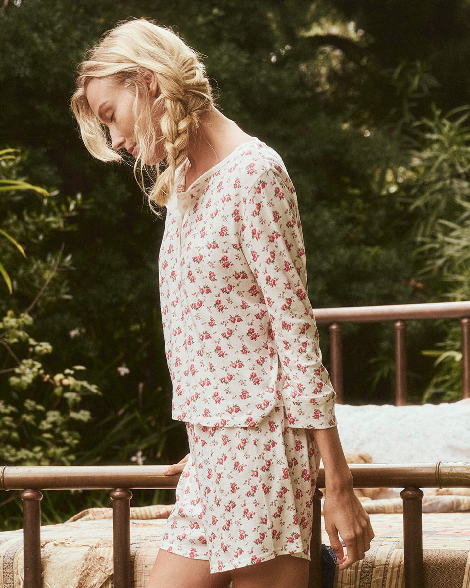 The Crop Sleep Henley.-Shirts-The GREAT.-Teatime Rose Print-0-Mercantile Portland