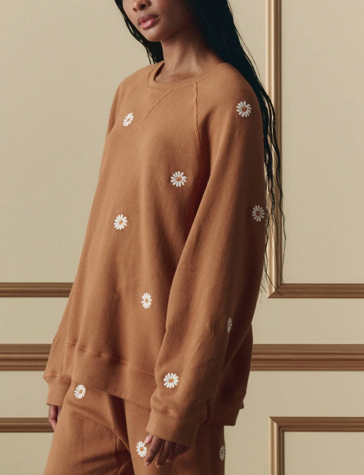 The Slouch Sweatshirt with Embroidered Daisy-Tops-The GREAT.-Suntan-0-Mercantile Portland