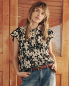 The Wren Top.-Tops-The GREAT.-Black And Cream Hibiscus Floral-0-Mercantile Portland