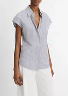 Ticking Stripe Cap-Sleeve Blouse-Clothing-Vince-Iris Slate/ Off white-XS-Mercantile Portland