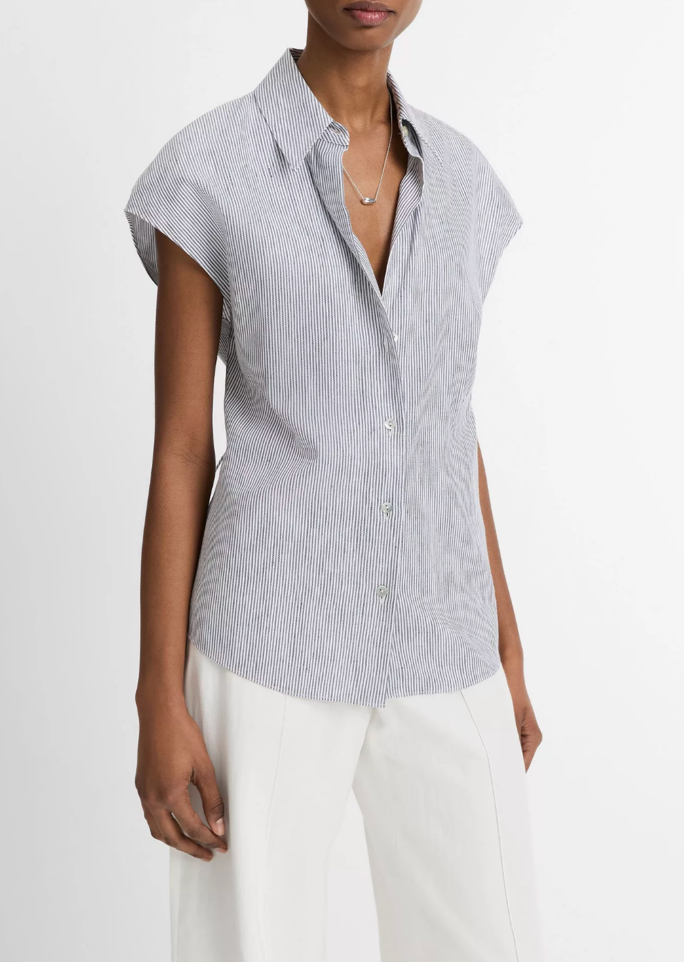 Ticking Stripe Cap-Sleeve Blouse-Clothing-Vince-Iris Slate/ Off white-XS-Mercantile Portland