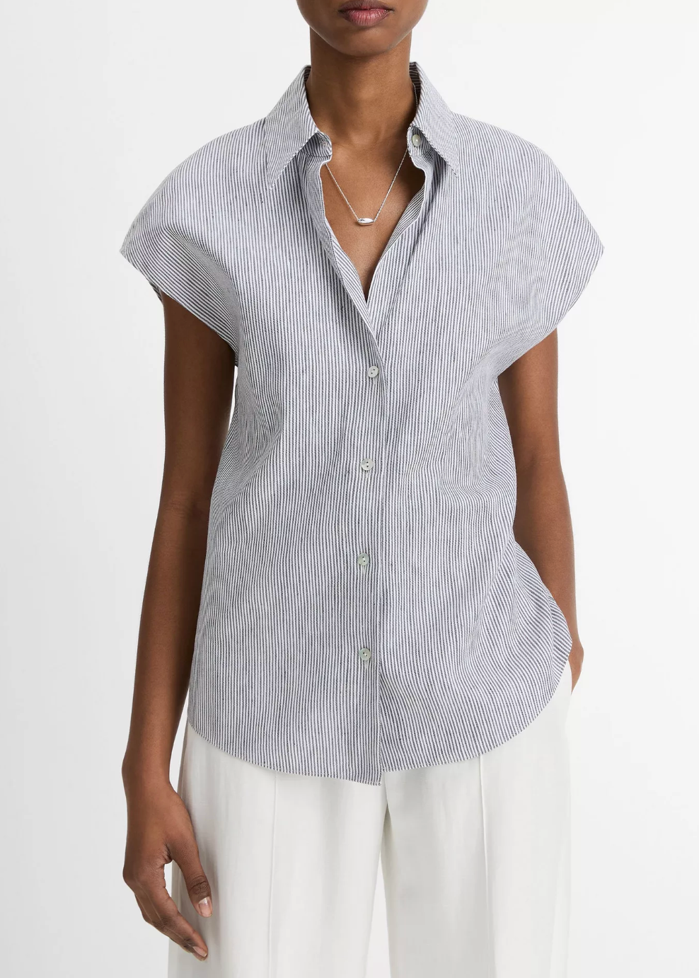 Ticking Stripe Cap-Sleeve Blouse-Clothing-Vince-Iris Slate/ Off white-XS-Mercantile Portland
