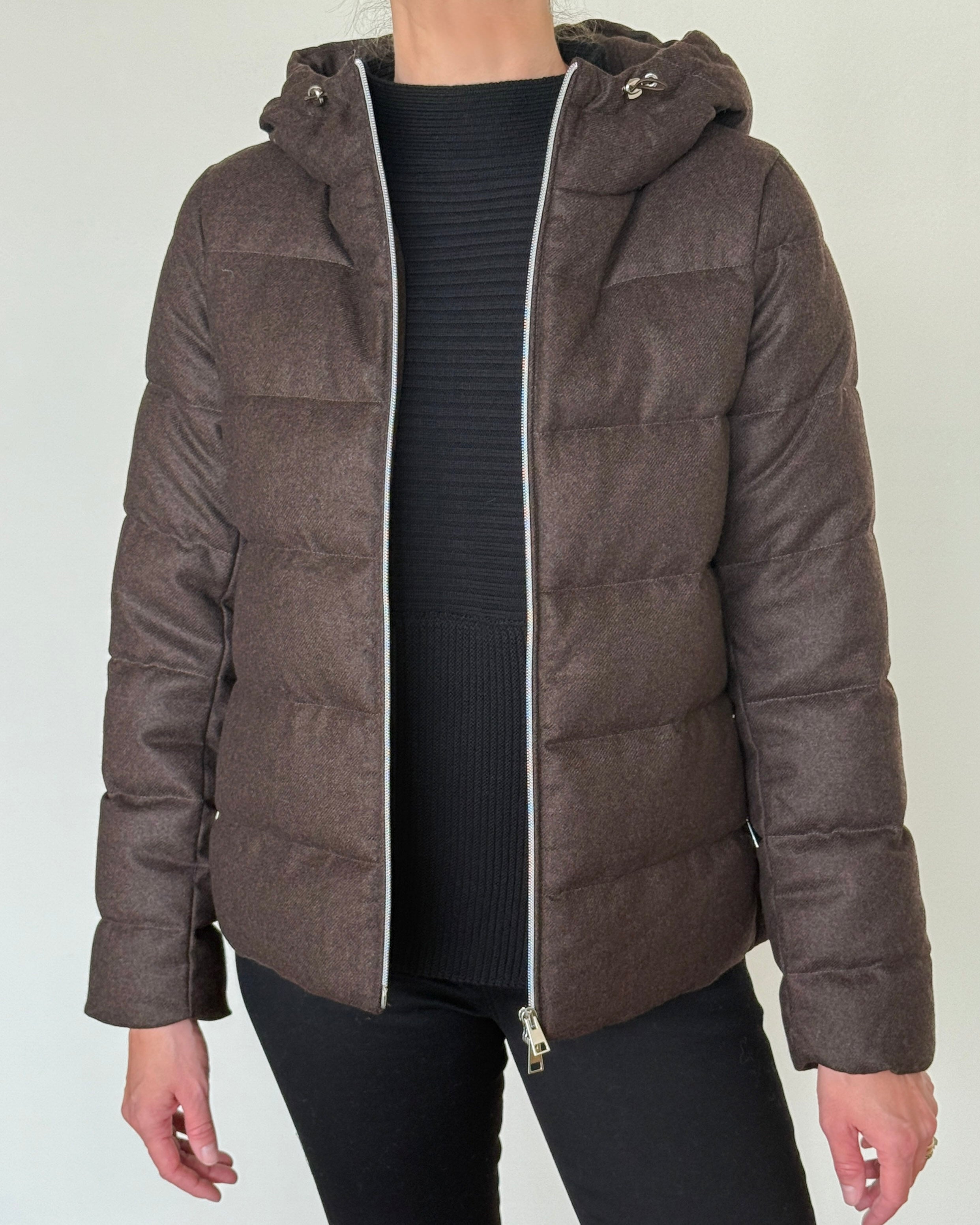 Tosca Hooded Cashmere Down Jacket-Outerwear-Amina Rubinacci-Brown-38-Mercantile Portland