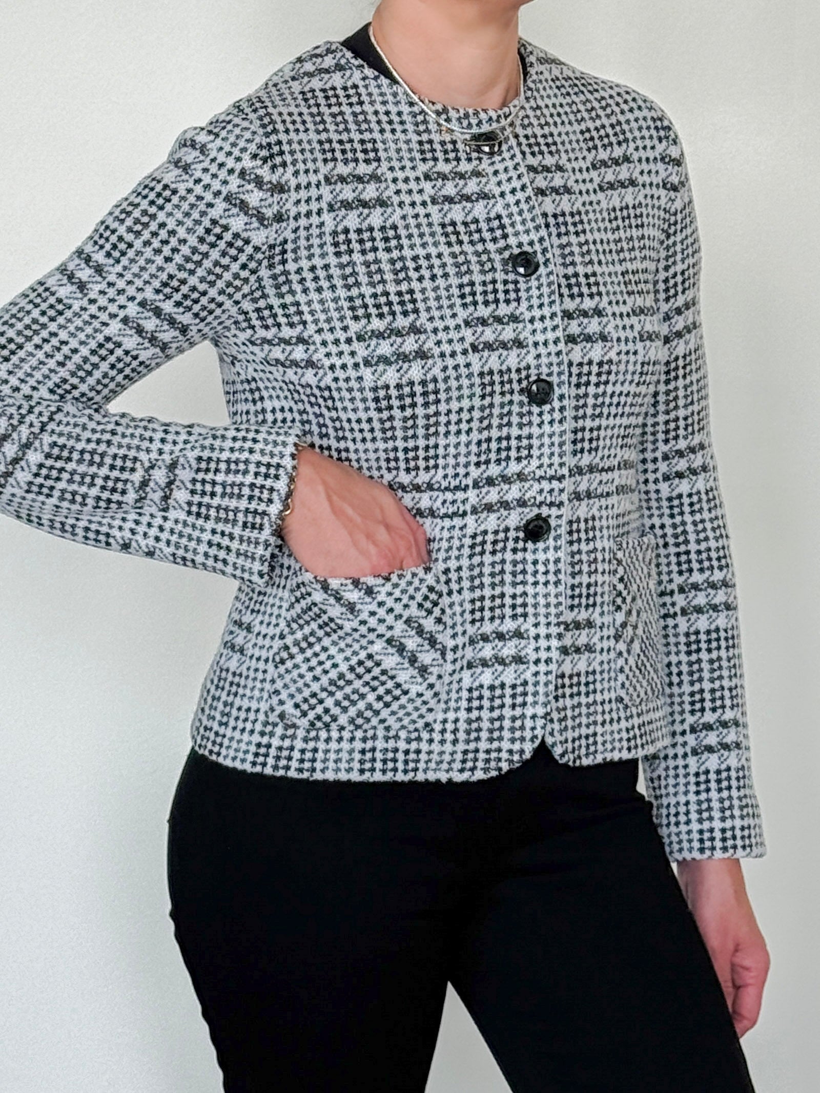 Toy Wool and Silk Crewneck Jacket-Outerwear-Amina Rubinacci-Black/White-38-Mercantile Portland