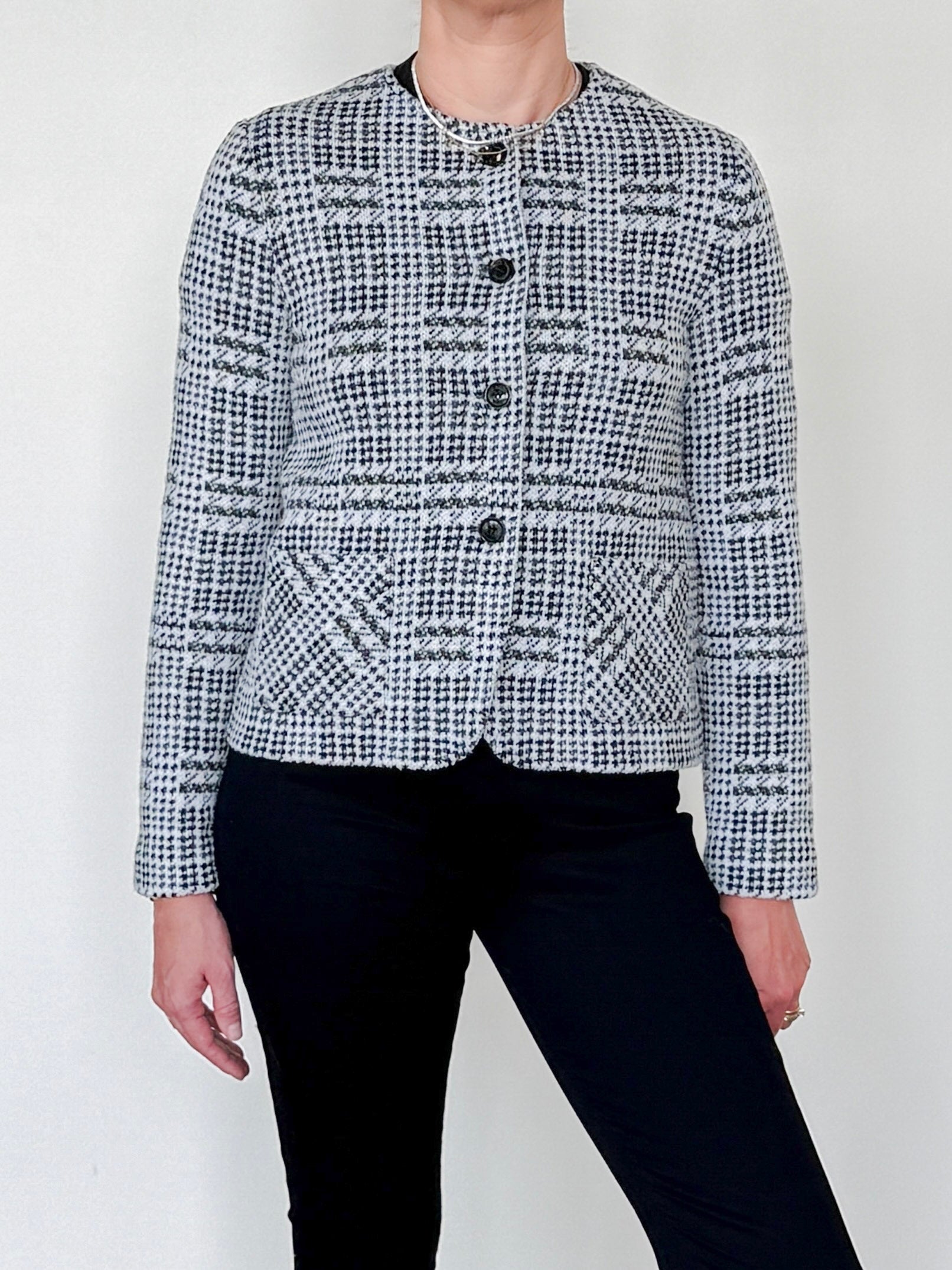 Toy Wool and Silk Crewneck Jacket-Outerwear-Amina Rubinacci-Black/White-38-Mercantile Portland
