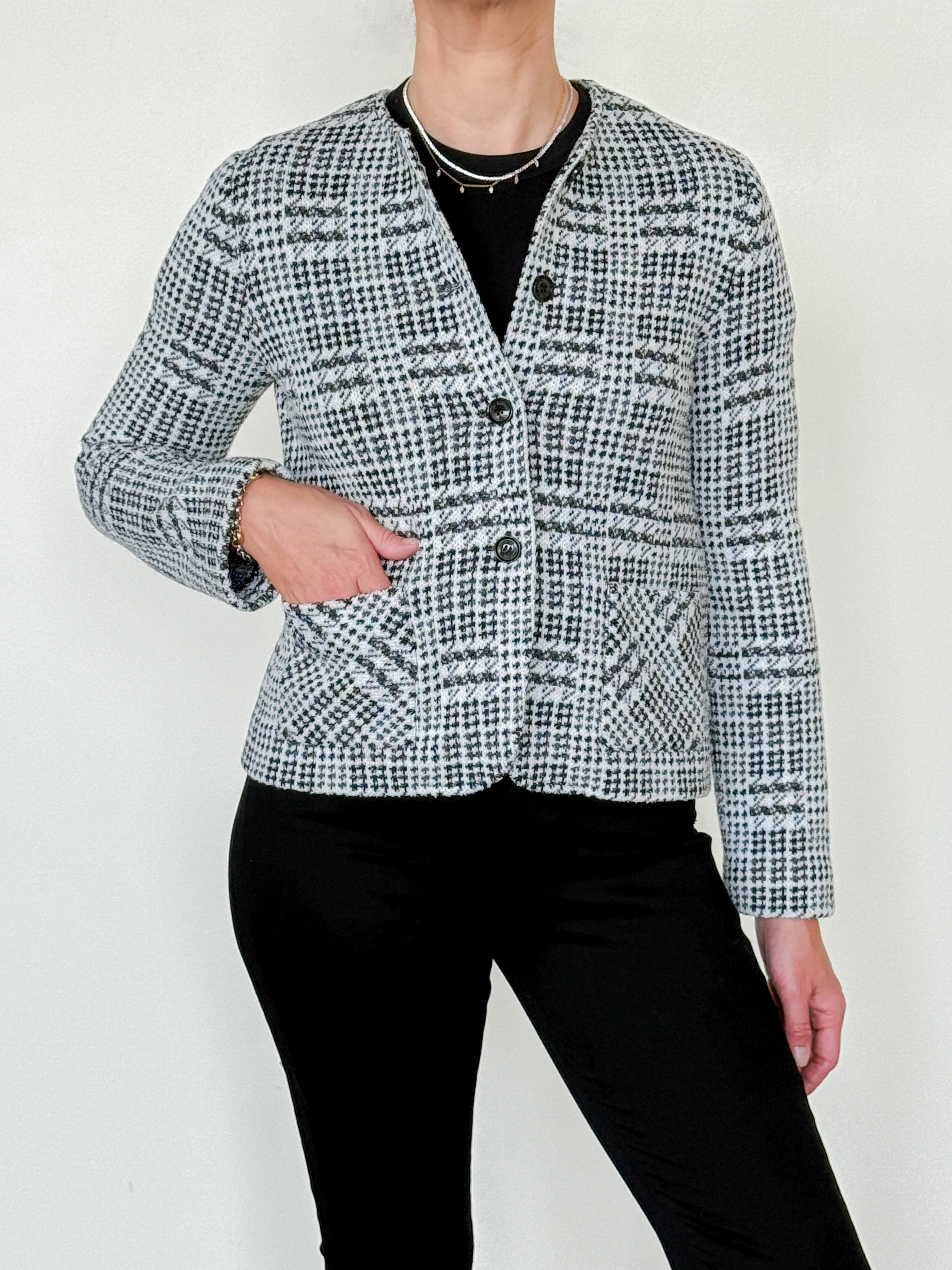 Toy Wool and Silk Crewneck Jacket-Outerwear-Amina Rubinacci-Black/White-38-Mercantile Portland
