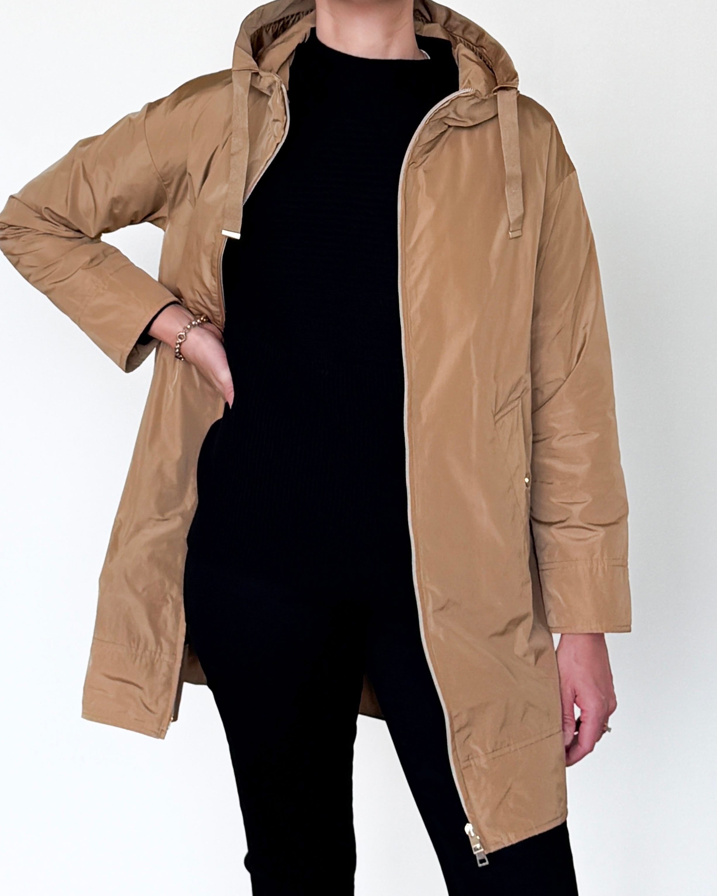 Trapezio Technical Raincoat with Hood-Outerwear-Amina Rubinacci-Soft Caramel-38-Mercantile Portland