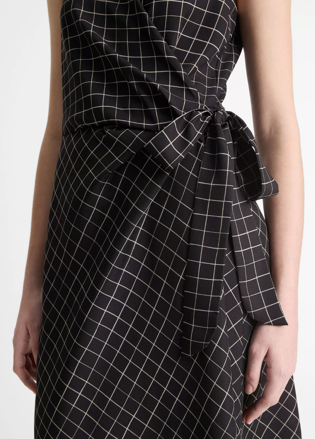 Trellis Plaid Draped Sleeveless Wrap Dress-Clothing-Vince-Black/Cream-XXS-Mercantile Portland