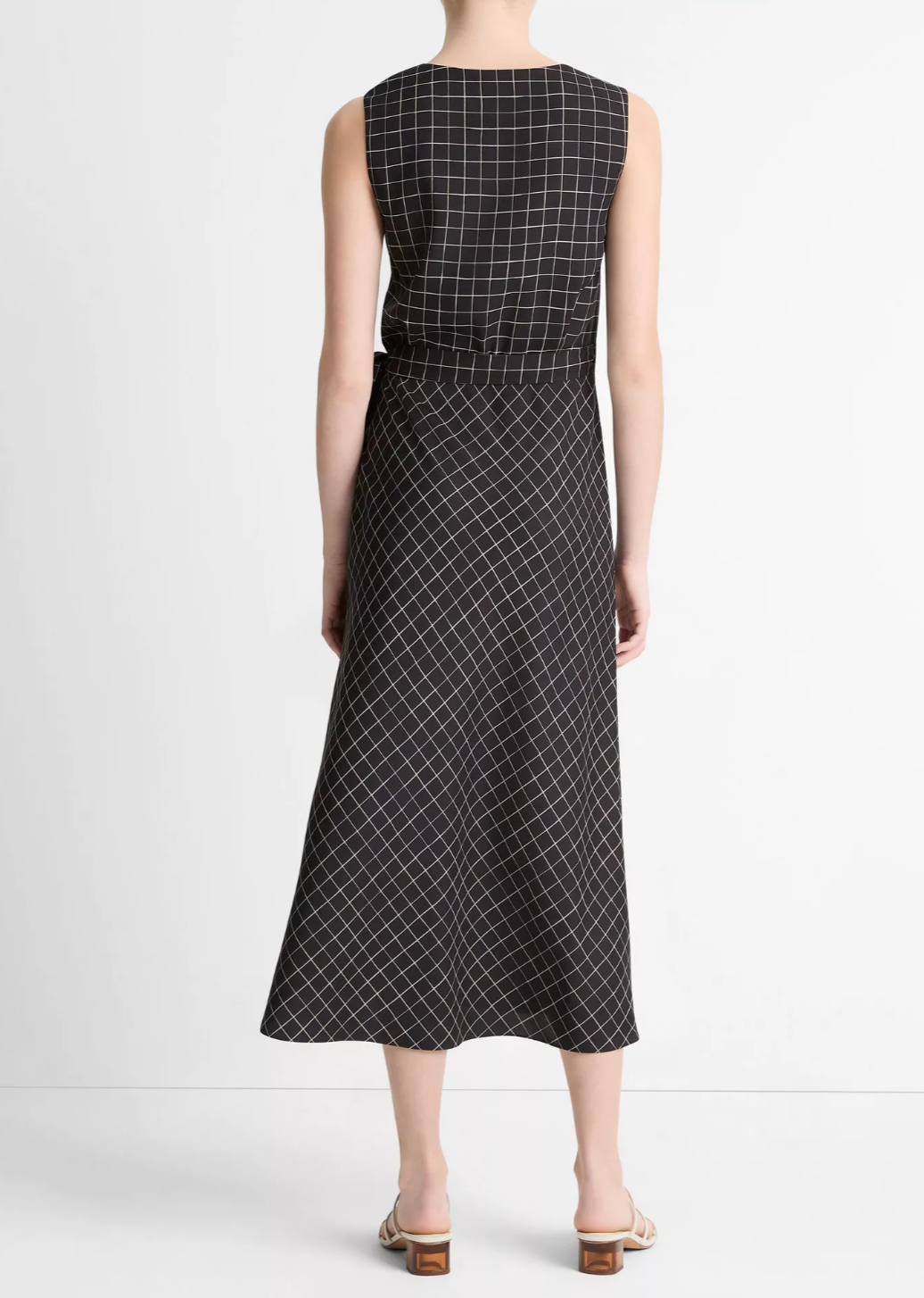 Trellis Plaid Draped Sleeveless Wrap Dress-Clothing-Vince-Black/Cream-XXS-Mercantile Portland