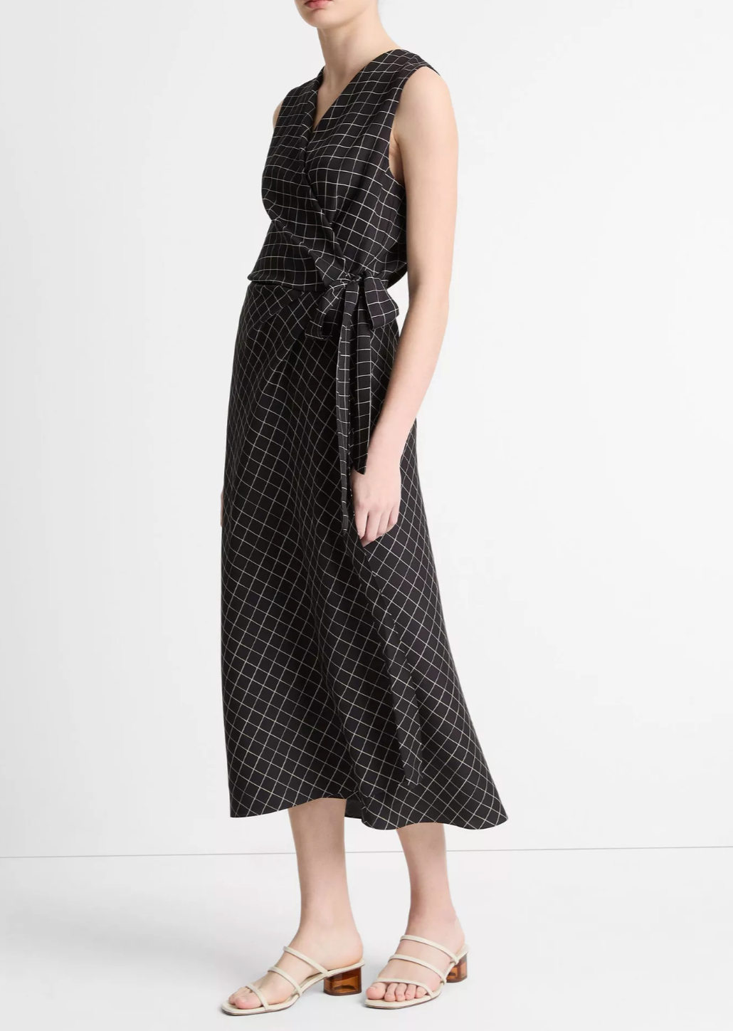 Trellis Plaid Draped Sleeveless Wrap Dress-Clothing-Vince-Black/Cream-XXS-Mercantile Portland