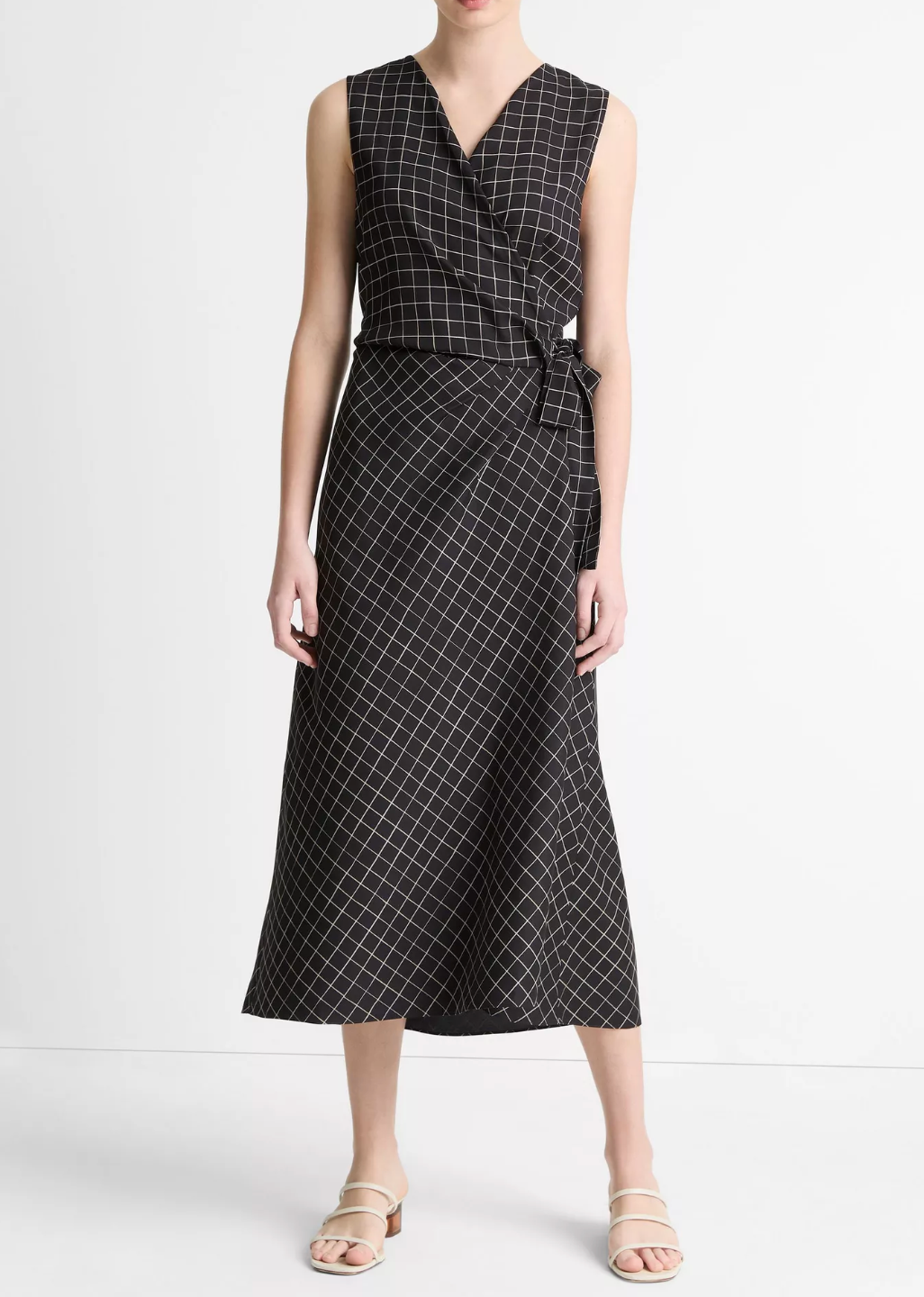 Trellis Plaid Draped Sleeveless Wrap Dress-Clothing-Vince-Black/Cream-XXS-Mercantile Portland