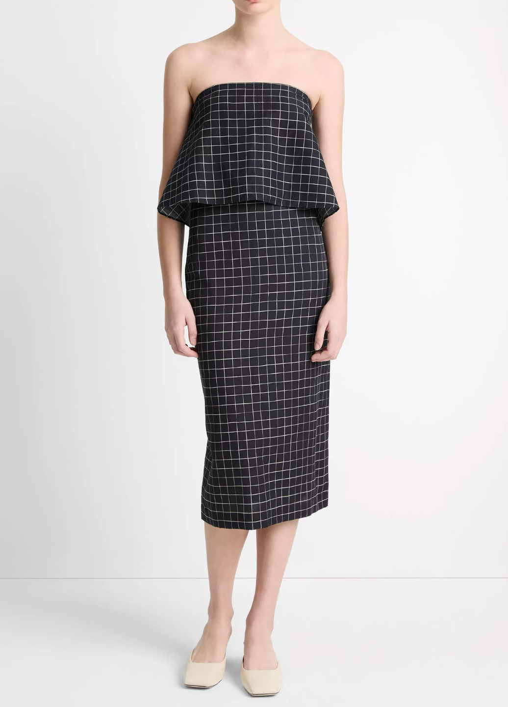 Trellis Plaid Strapless Tie-Back Top-Clothing-Vince-Black/Cream-0-Mercantile Portland