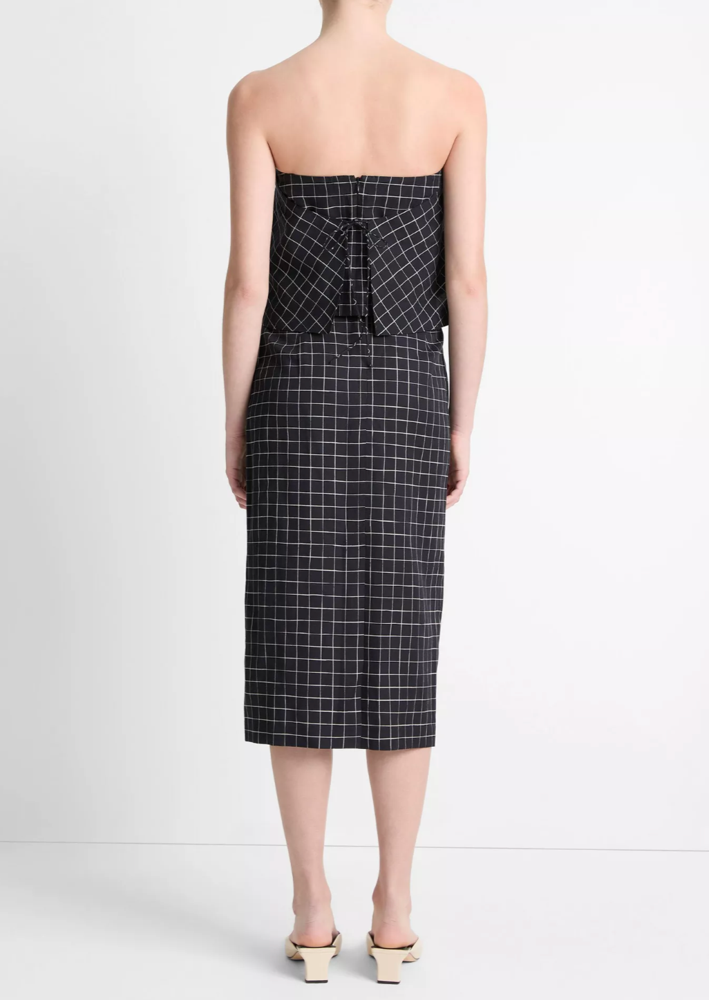 Trellis Plaid Strapless Tie-Back Top-Clothing-Vince-Black/Cream-0-Mercantile Portland