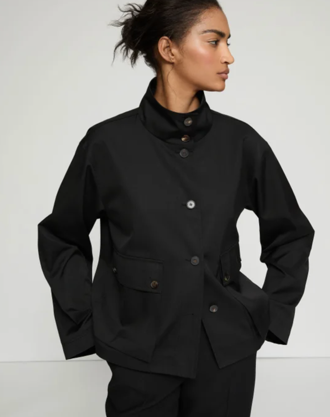 Twill Funnel Neck Jacket-Clothing-Lafayette 148-Black-XS-Mercantile Portland