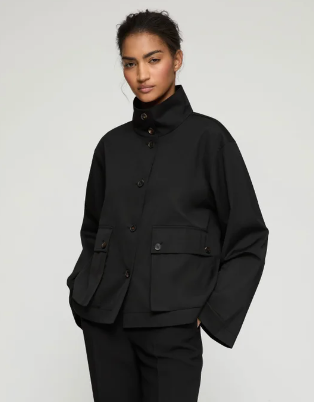 Twill Funnel Neck Jacket-Clothing-Lafayette 148-Black-XS-Mercantile Portland