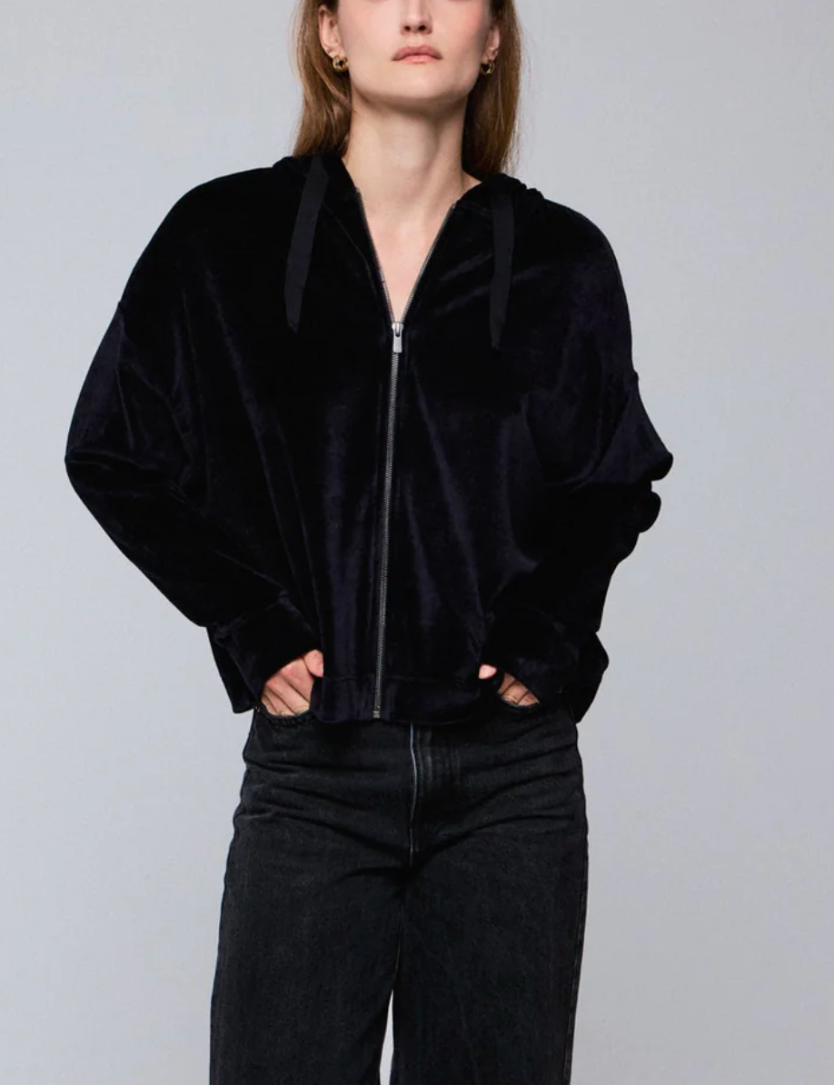 Velour Zip Front Hoodie-Jackets-Majestic Filatures-Black-1-Mercantile Portland