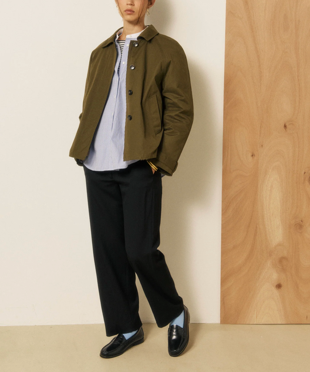 Voltaire Coat in Army Green Cotton Gabardine-Outerwear-HARTFORD-Army-1-Mercantile Portland