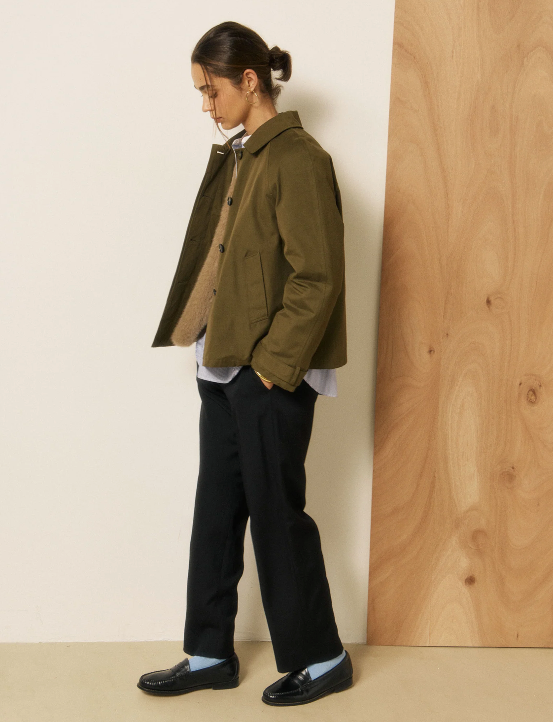 Voltaire Coat in Army Green Cotton Gabardine-Outerwear-HARTFORD-Army-1-Mercantile Portland