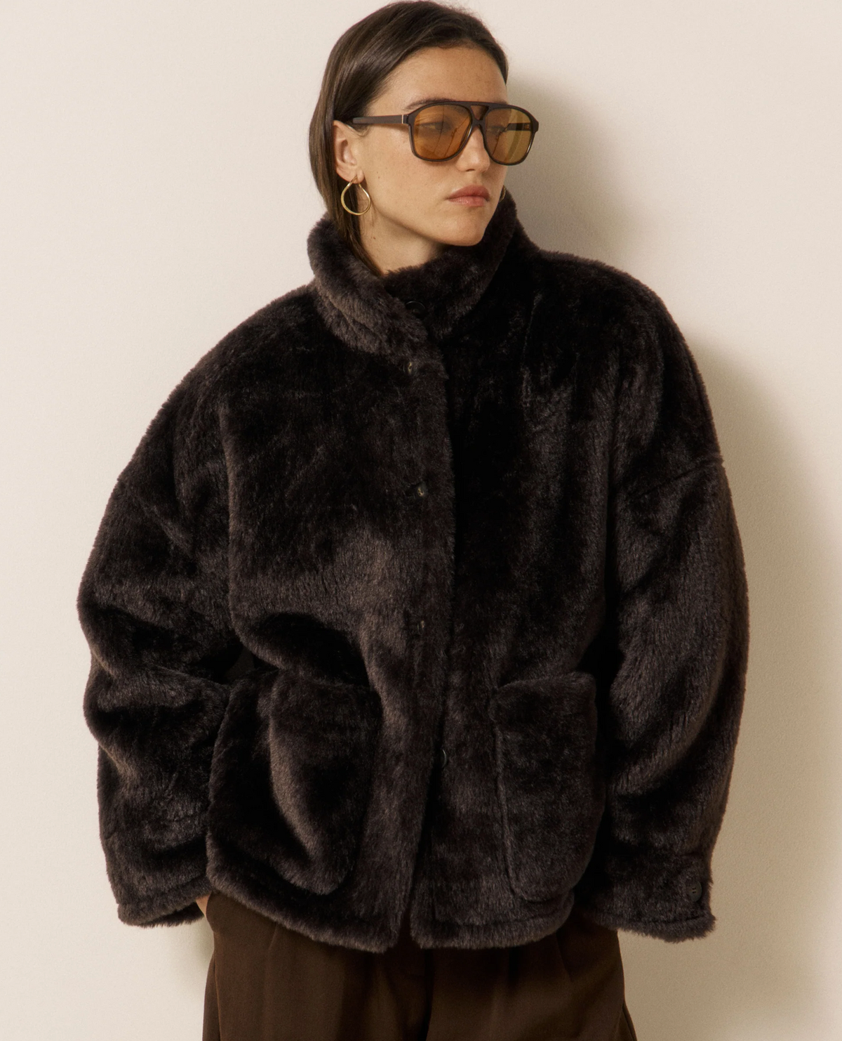 Vosmo Jacket in Chocolate Faux Fur-Outerwear-HARTFORD-Chocolate-1-Mercantile Portland