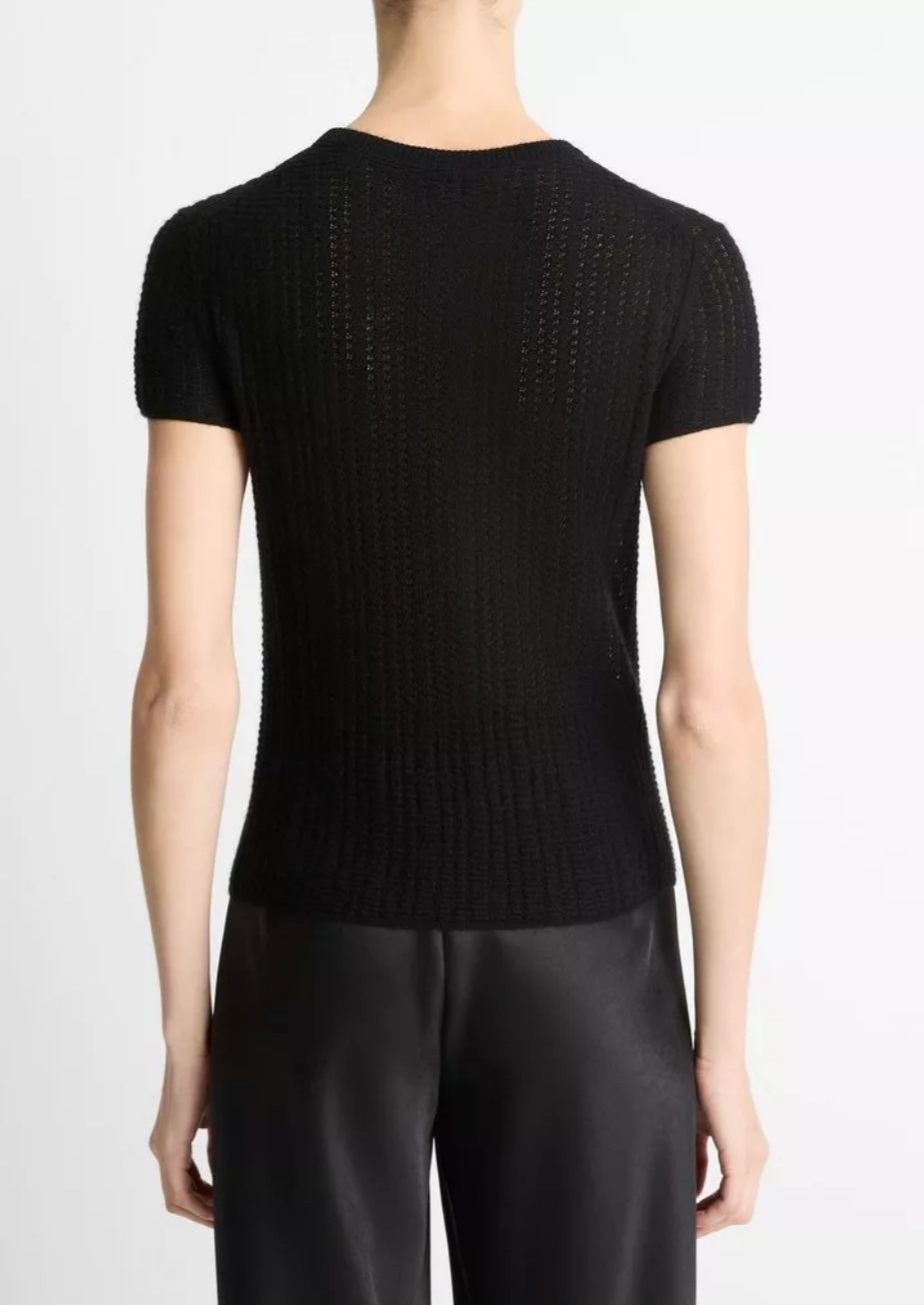 Waffle-Knit Cashmere-Silk Short Sleeve Crew-Clothing-Vince-Black-XXS-Mercantile Portland