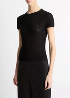 Waffle-Knit Cashmere-Silk Short Sleeve Crew-T-Shirts-Vince-Black-XXS-Mercantile Portland
