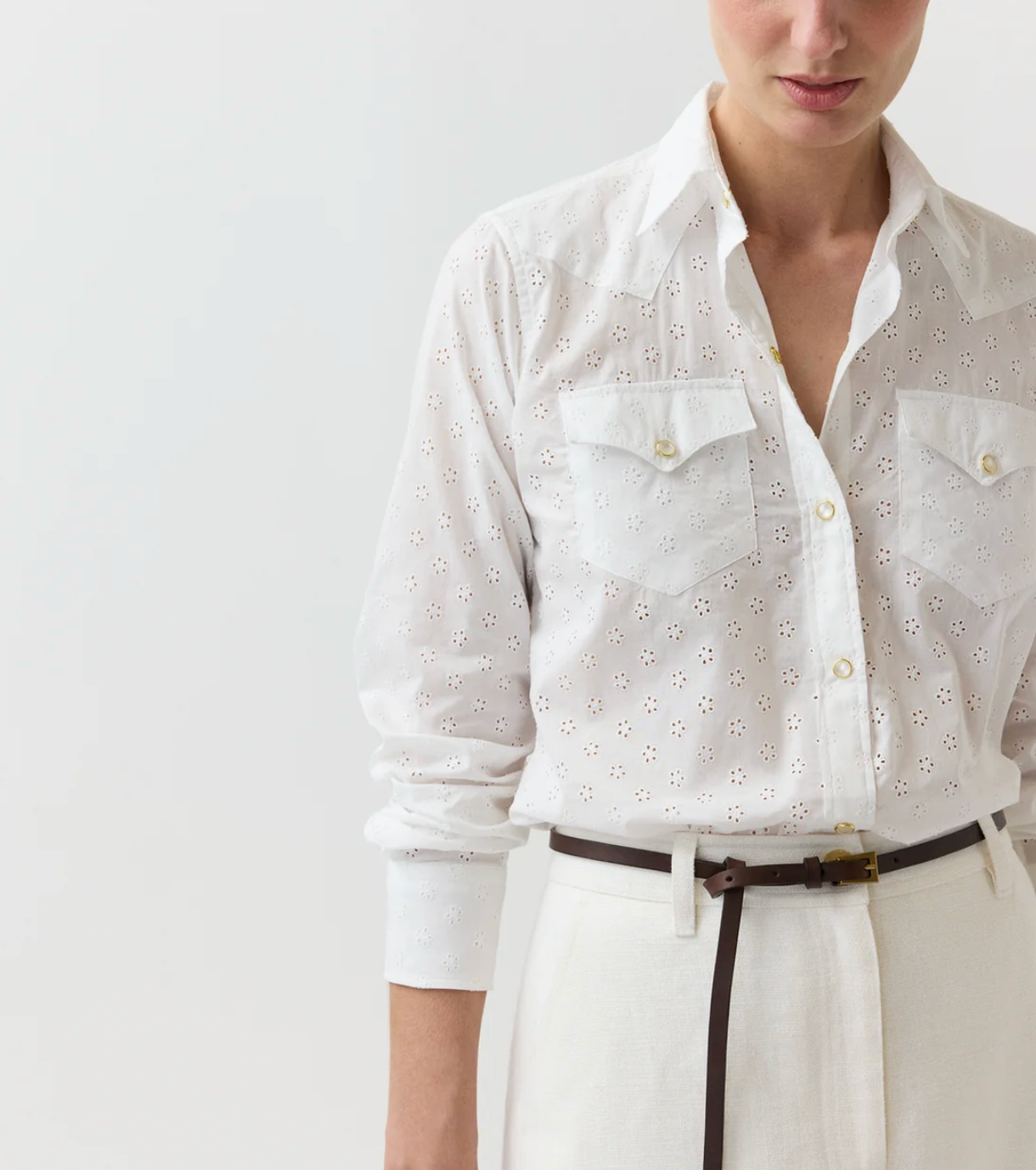 Western Shirt in White Eyelet-Shirts-Mashburn-White-XS-Mercantile Portland