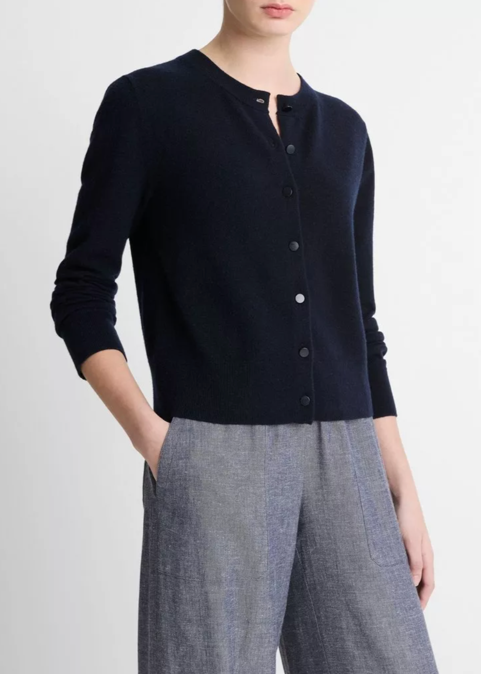 Wool & Cashmere Tipped Half Moon Cardigan-Clothing-Vince-Coastal Blue/ Optic White-XXS-Mercantile Portland