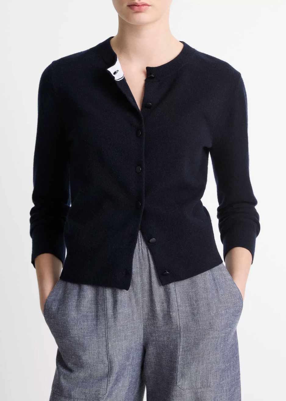 Wool & Cashmere Tipped Half Moon Cardigan-Clothing-Vince-Coastal Blue/ Optic White-XXS-Mercantile Portland
