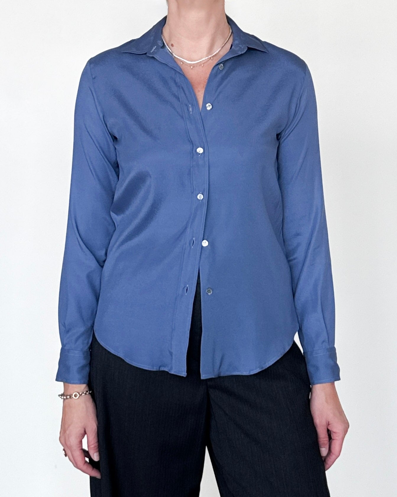 Yuppy R Stretch Silk Shirt in Navy-Shirts-Amina Rubinacci-Soft Denim-38-Mercantile Portland